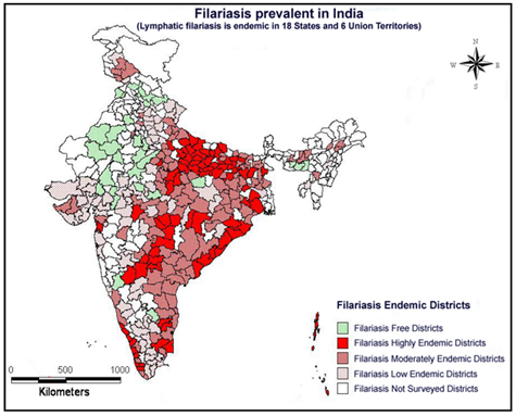 Fig: Filariasis Endemics in India as on 2012, source: M.Palaniyandi, 2014