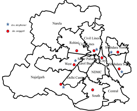 Fig: Map of Delhi showing study sites for mosquito larval collection in different MCD Zones