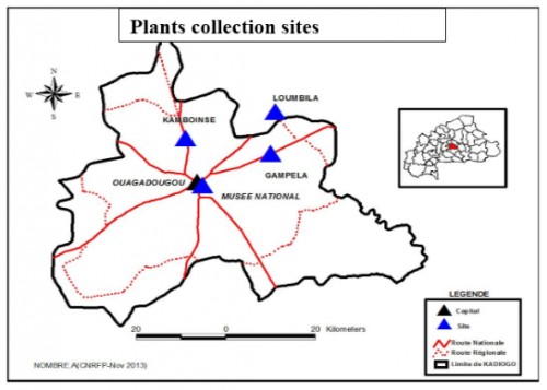 Map illustrating the harvest sites of the plants