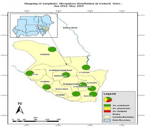 Map by GIS for Gedarif State showing the sentinel sites and <em>Anopheles</em> species distribution in the state