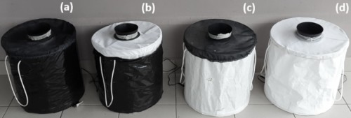 BGS traps with <strong>(a)</strong> a black cylindrical body and black nylon covering; BB,<strong> (b)</strong> a black cylindrical body and white nylon covering; BW<strong> (c)</strong> a white cylindrical body and black nylon covering; WB, and <strong>(d)</strong> a white cylindrical body and white nylon covering; WW