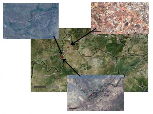 Map of Plateau State with Jos as headquarters with a star while the study site Assop falls has double stars, with attached top picture showing settlements surrounding Assop Falls