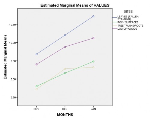 Estimated marginal means of eggs on substrates and breeding sites in various months