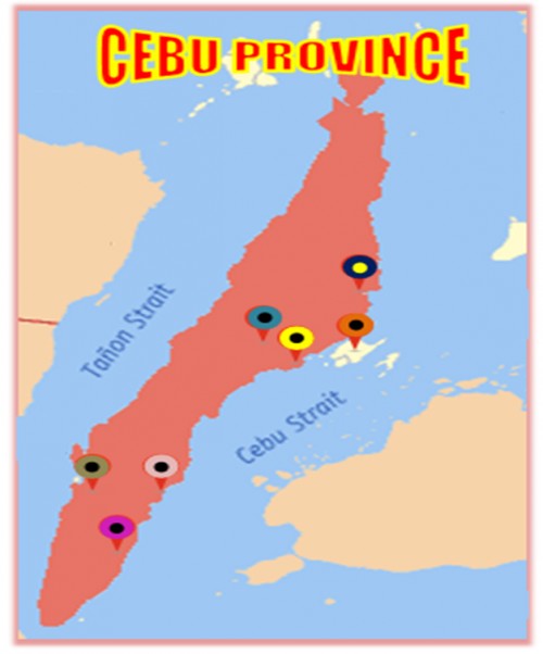 Map of Cebu Province showing 6 areas as sampling places