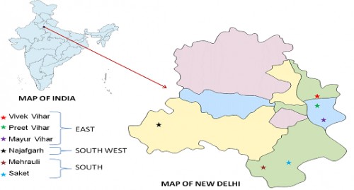 Map of Delhi, India highlighting regions sampled for <em>Aedes aegypti </em>population