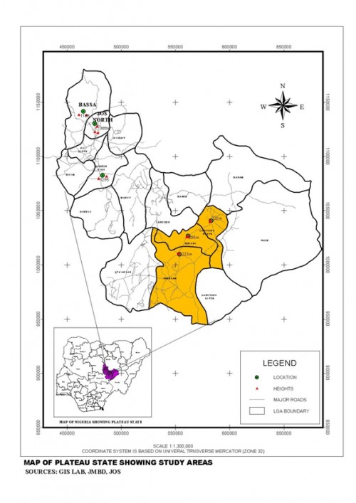 Map of Plateau State Showing Study Areas.