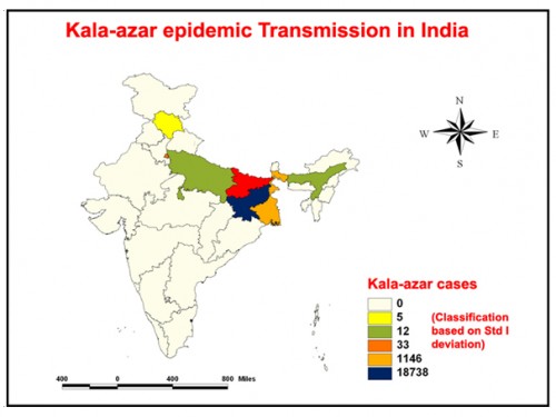 Visceral Leishmaniasis distribution in the selected states of India (2012), source: M.Palaniyandi, <em>et al</em>., 2014 (in press)