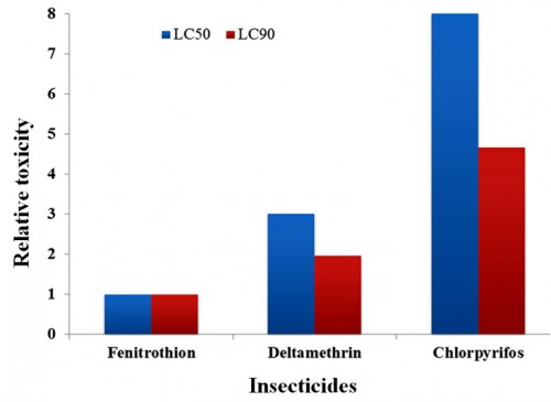 Relative toxicity of Fenitrothion, Deltamethrin and Chlorpyrifos against the<em>Culex quinquefasciatus</em> larvae based on the calculated LC<sub>50</sub> and LC<sub>90</sub> values