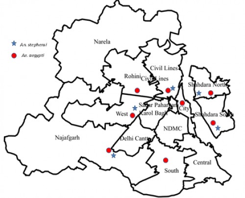 Map of Delhi showing study sites for mosquito larval collection in different MCD Zones