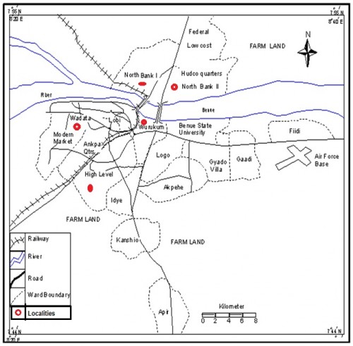 Map of Makurdi Showing the Study Localities (Ministry of Lands and Survey Makurdi, 2011)<strong>.</strong>