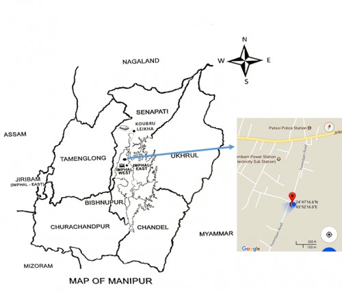 The map of Manipur, showing the exact location of the collection of site of Yurembam of Imphal West (inset the position)