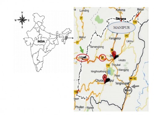 The location sites in Manipur in India. The arrowed locations are the study sites.