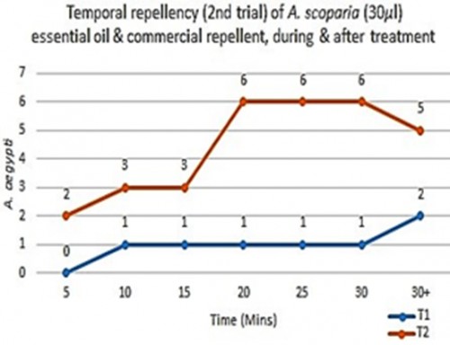 Second trial on comparing repellency of <em>A scoparia </em>essential oil (blue) and commercial repellent (red), and 30 mins post treatment effect
