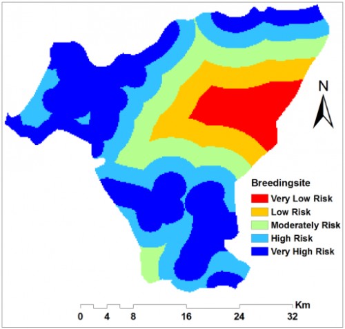 Environmental factors that greatly influence malaria incidence and prevalence in the study. d) Reclassified distance from breeding sites