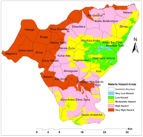 Malaria hazard areas mapped using weighted overlay Model in Arc GIS