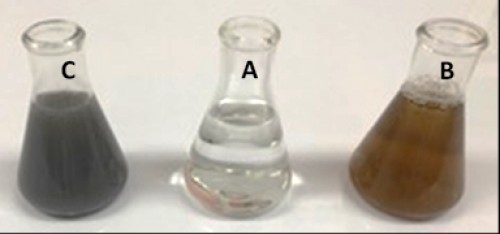 Biosynthesis silver nanoparticles for <em>A. marina</em> extract A) silver nitrates B)<em> A. marina</em> extract C) silver nanoparticles