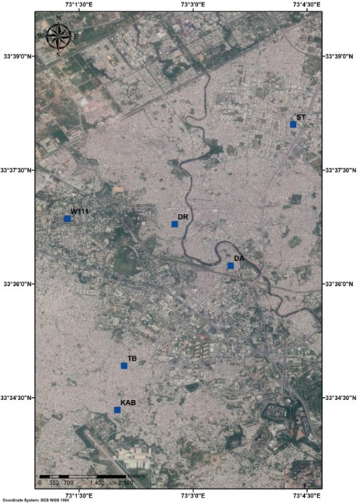 Map showing surveillance sites of six highly populated urban areas of Rawalpindi city including the Dhoke Ratta (DR), Darya Abad (DA), Satellite Town (ST), Westridge III (W111), Kamalabad (KAB) and Tench Bhatta (TB).