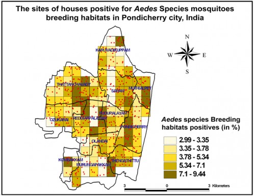 The density map of <em>Aedes</em> species mosquitoes breeding habitats (in %), based on the mean value of breeding habitats positives in the housing survey using GPS.