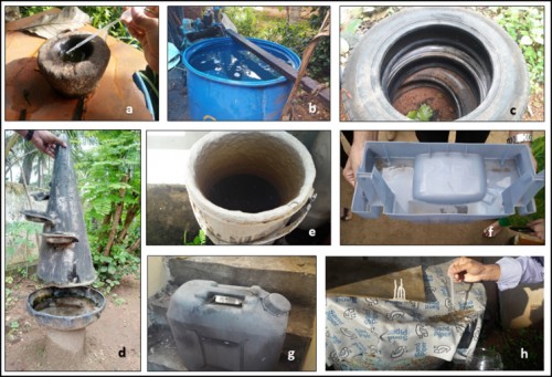Common containers identified as mosquito breeding sites (a) Grinding stone, (b) Water barrel, (c) Tyre; (d) Garden ornament (e) Discarded paint bucket (f) Refrigerator tray (g) Plastic jerry can (h) Plastic sheet