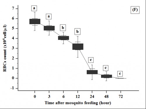 Effect of adult female <em>Culex</em> age on temporal pattern of degradation of RBCs in human blood drawn from mosquito with adult age (F) 10 days. After blood feeding for 30 minutes, mosquitoes were cultured in 28±1 °C and RBCs were counted at 0 (immediate count)48 and 72 hour after blood ingestion. Error bars represent standard deviations of three measurements. Different letters above error bars represent significant difference among means at type error = 0.05 (ANOVA)
