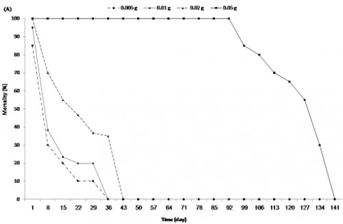 <em>In vivo</em> release kinetics according to mortality percentage for different weights of capsules (0.005, 0.01, 0.02, and 0.05 g) loaded with temephos (7.35%) calculated by U.V spectroscopy for a period of time. <strong>(A):</strong> In running water (exchange of larvae and water together) and <strong>(B)</strong>: in stagnant water (exchange of larvae only)