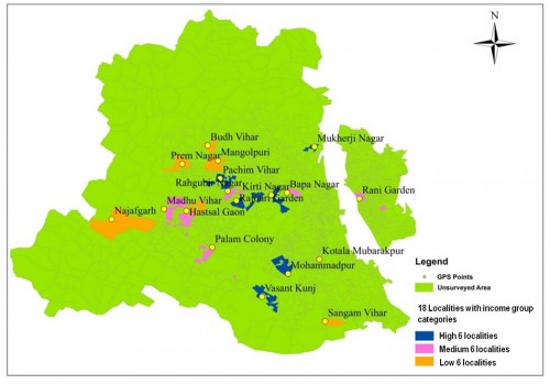 Map of Delhi showing 18 localities included in the study
