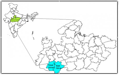 ISP Study Sites Selected For Study Are Shown In Cyan. East Nimar and West Nimar Formerly Known As Khandwa and Khargone Respectively In Madhya Pradesh, India